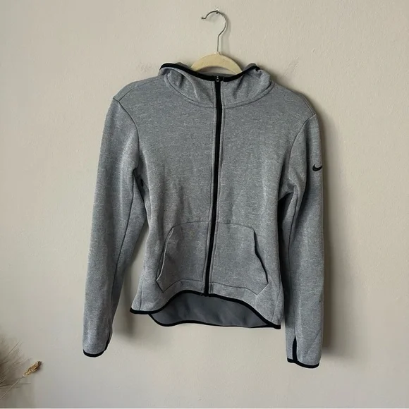 NIKE DRI-FIT Sweatshirt Women M Gray Zip Up Hooded Funnel Neck Thumb Hole - Picture 2 of 16